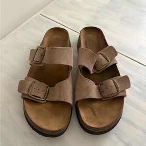 Suede Double Strap Slide Sandals - Taupe